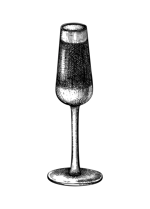 Hand-sketched Black Velvet cocktail illustration. Vector sketch of alcoholic drink in elegant glass. Beer cocktail hand-drawing isolated on white background